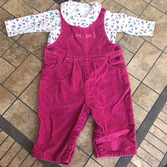 Lands’ End Pink Corduroy Overalls & Floral Onesie - Picture 1 of 5